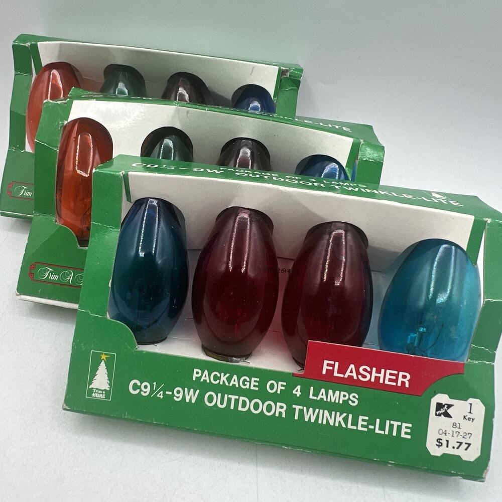 Lot 3 Vintage 4-Bulb Packs of CRYSTAL C9 1/4 FLASHER Colored Christmas Lights